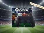 PlayStation DualSense-Controller vor dem Cover des Spiels EA Sports FC 26 mit Stadionhintergrund.