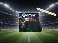 PlayStation DualSense-Controller vor dem Cover des Spiels EA Sports FC 26 mit Stadionhintergrund.
