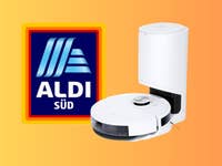 Ecovacs DEEBOT N10 Saugroboter neben dem ALDI Süd-Logo auf einem Farbverlaufshintergrund.