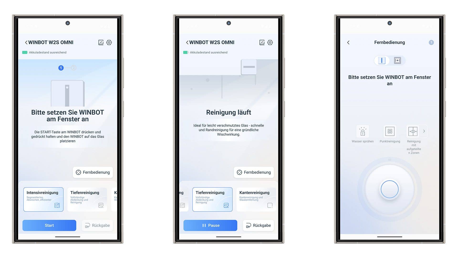 WINBOT W2S OMNI-Benutzeroberfläche mit Anweisungen zum Fensterputzen und Fernbedienungsoptionen.