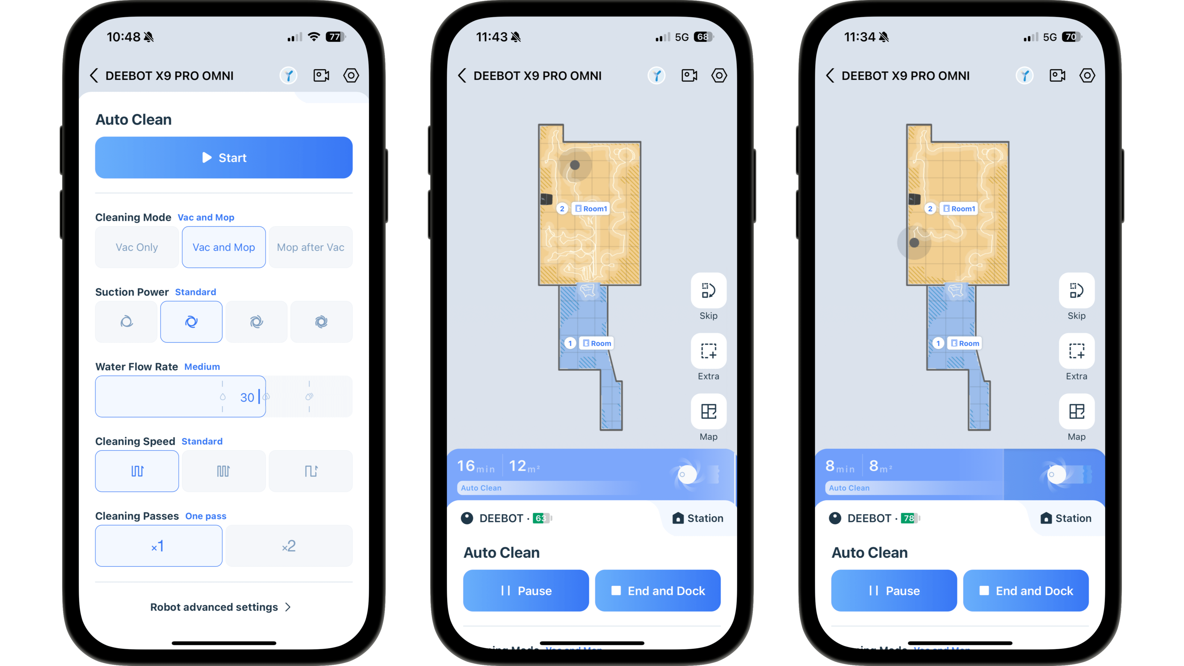 Mobile-App-Oberfläche für Ecovacs Deebot X9 Pro Omni mit Reinigungsoptionen und Kartenlayout. Mobile-App-Oberfläche für Ecovacs Deebot X9 Pro Omni mit Reinigungsoptionen und Kartenlayout.