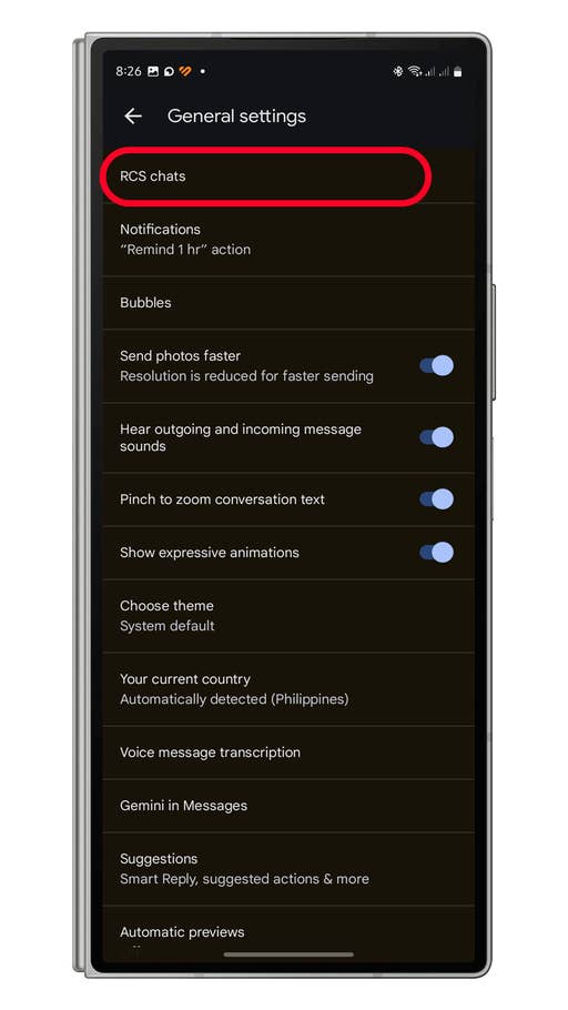 Einstellungsbildschirm von Google Messages mit Optionen für RCS-Chats und verschiedenen Chat-Einstel