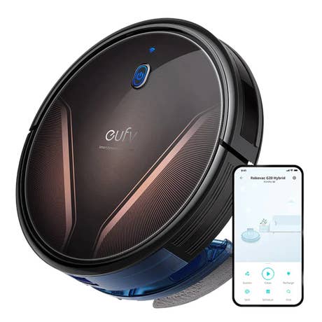 Eufy_RoboVac G20 Hybrid_Draufsicht mit Smartphone_schwarz Eufy_RoboVac G20 Hybrid_Draufsicht mit Smartphone_schwarz