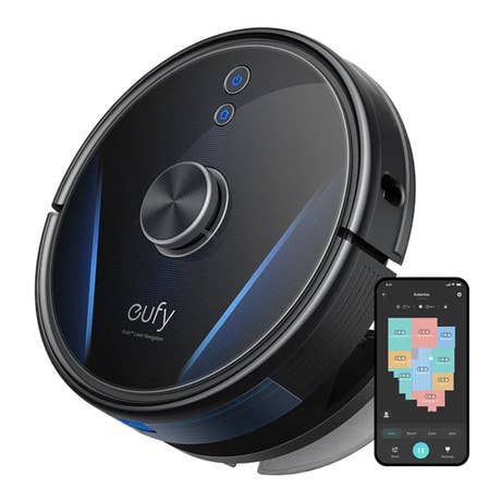 Eufy_RoboVac LR30 Hybrid_Draufsicht mit Smartphone_schwarz Eufy_RoboVac LR30 Hybrid_Draufsicht mit Smartphone_schwarz