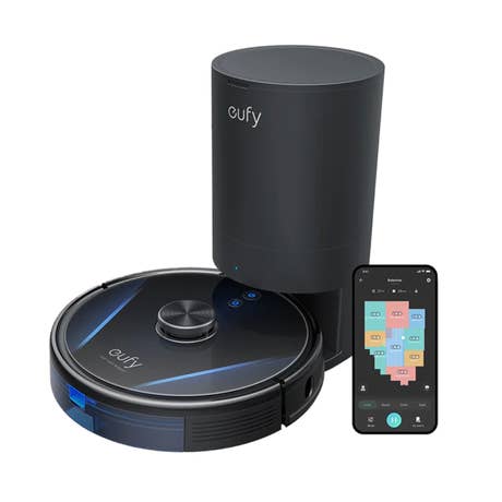 Eufy_RoboVac LR30 Hybrid+_Draufsicht mit Smartphone_schwarz Eufy_RoboVac LR30 Hybrid+_Draufsicht mit Smartphone_schwarz