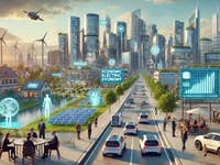 Futuristische Stadtlandschaft mit Solarpanelen, KI und Elektroautos; enthält den Text: 'WIRTSCHAFTLICHE ELEKTRISCHE WIRTSCHAFT'.