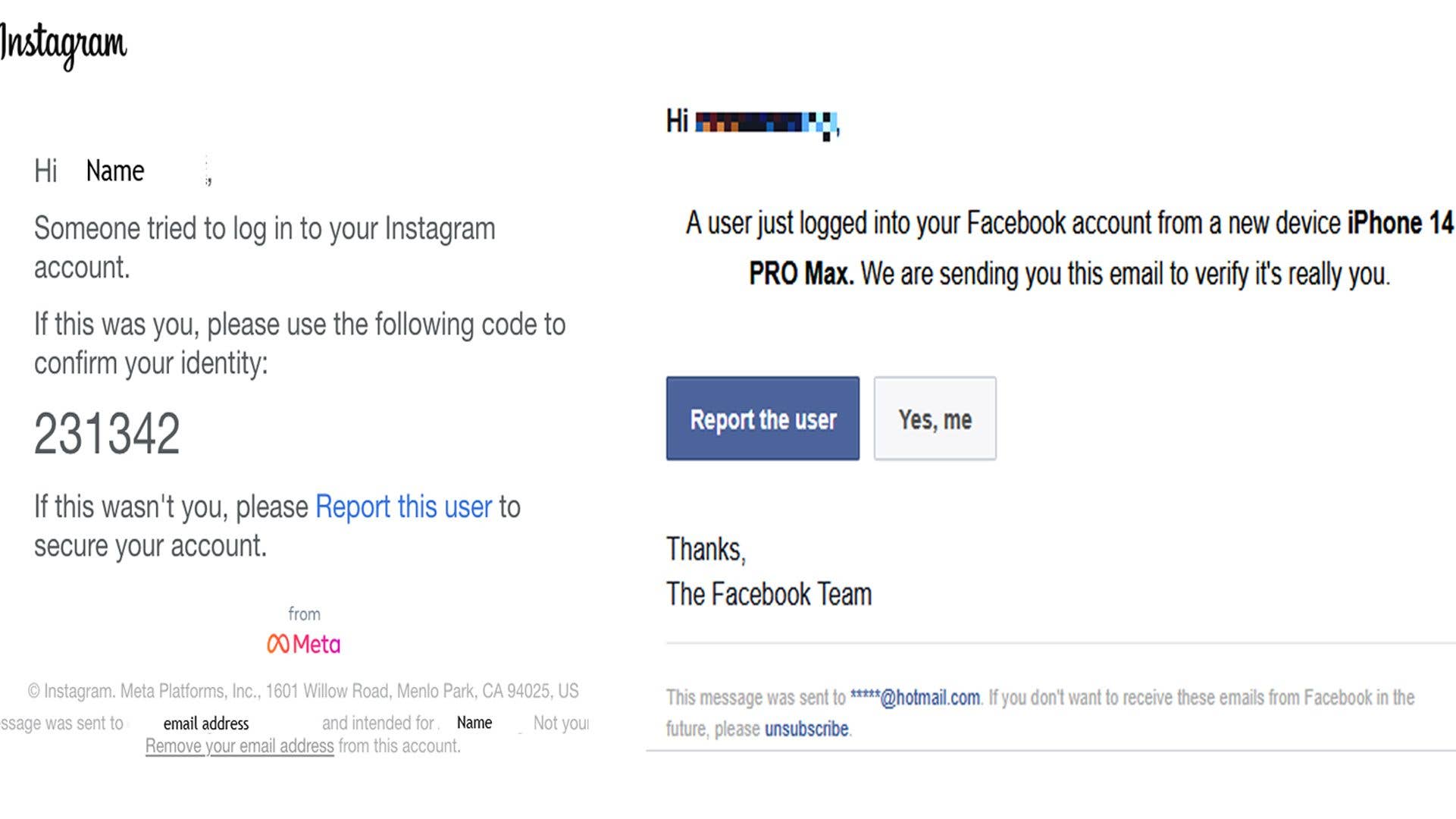 E-Mail von Instagram, die über einen Anmeldeversuch informiert, mit einem Bestätigungscode.