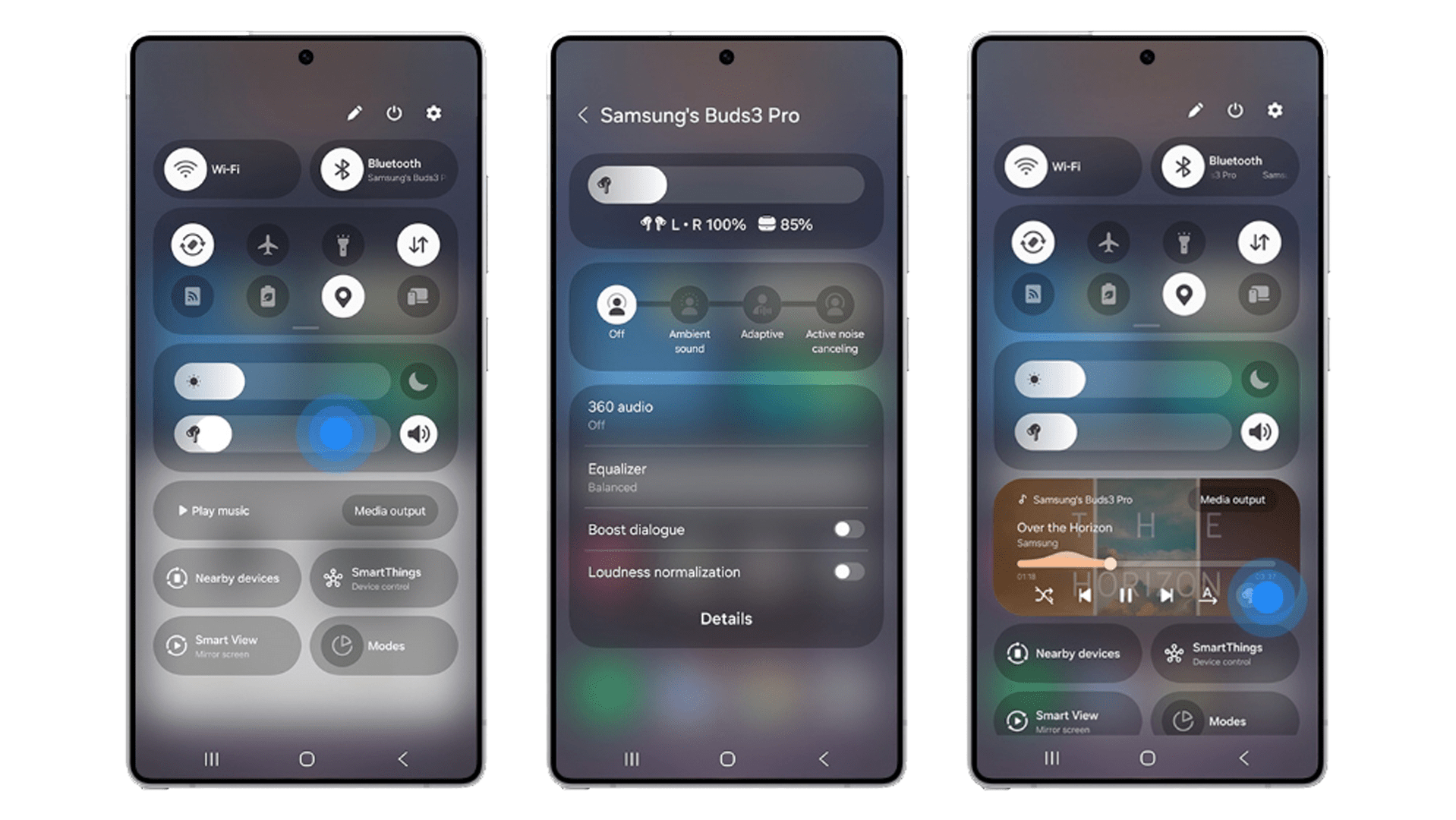 Samsung-Geräteoberfläche zeigt Steuerungen für Buds3 Pro und Verbindungsmöglichkeiten.