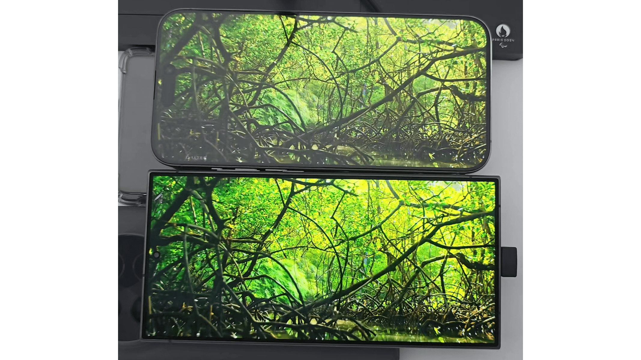 Die Displays des S24 Ultra und des iPhone 15 Pro Max direkt untereinander.