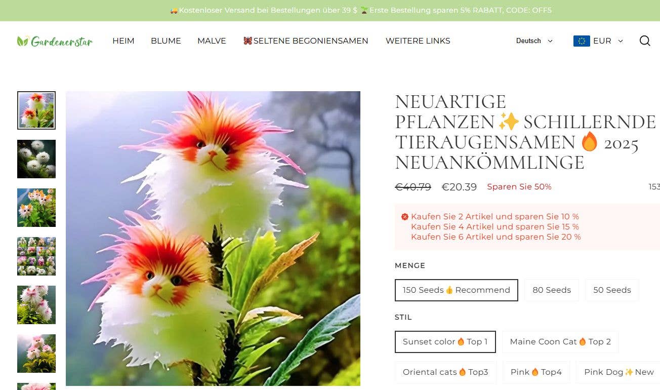 Zwei fantasievolle katzenartige Blumen mit buntem Fell vor grünem Hintergrund, die eine Pflanzen-Samenanzeige zeigen.