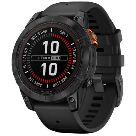 Garmin Fēnix 7 Pro Solar - Seite mit Band schräg - Schwarz-Grau Garmin Fēnix 7 Pro Solar - Seite mit Band schräg - Schwarz-Grau