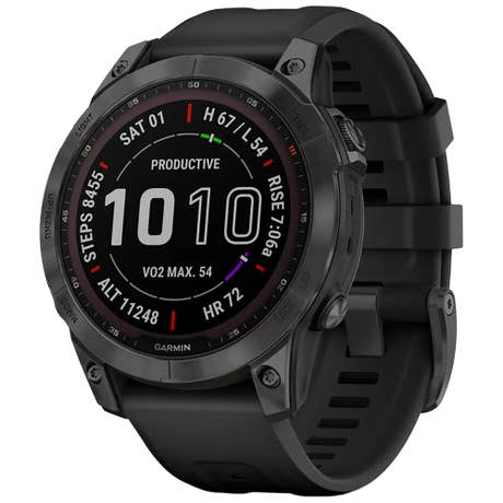 Garmin Fēnix 7 Sapphire Solar - Seite mit Band schräg - Grau Garmin Fēnix 7 Sapphire Solar - Seite mit Band schräg - Grau