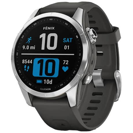 Garmin Fēnix 7S - Seite mit Band schräg - Silber Garmin Fēnix 7S - Seite mit Band schräg - Silber
