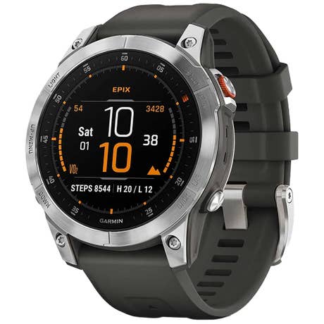 Garmin epix Gen2 - Seite mit Band schräg - Grau-Silber Garmin epix Gen2 - Seite mit Band schräg - Grau-Silber