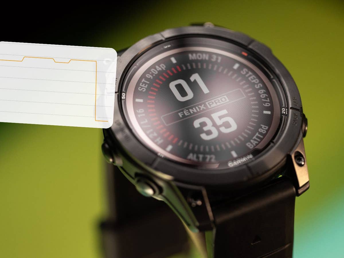 Garmin Fenix 7 Pro Solar Smartwatch Nahaufnahme einer Garmin Fenix 7 Pro Solar Smartwatch, die Uhrzeit und Fitnessdaten anzeigt.