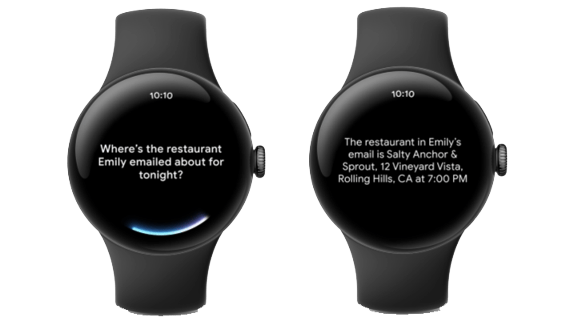 Smartwatch zeigt eine Nachricht, die nach einem Restaurant fragt, das in einer E-Mail erwähnt wird.