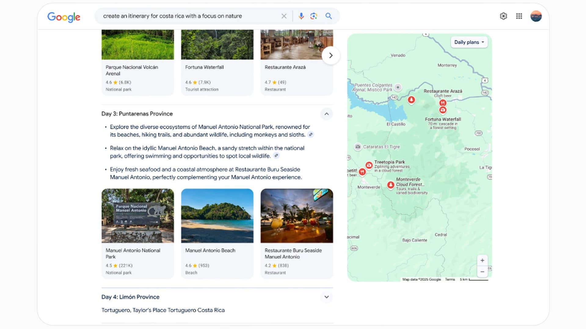 Reiseplan für Costa Rica, der naturorientierte Aktivitäten in den Provinzen Puntarenas und Limón hervorhebt.
