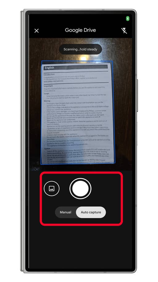 Scannen-Schnittstelle von Google Drive mit Optionen zum Aufnehmen von Bildern.