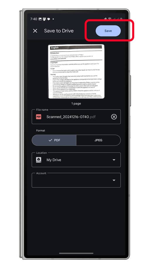 Bildschirm zeigt u0027In Drive speichernu0027 mit einer PDF-Datei-Upload-Option und einer u0027Speichernu0027-Schaltfläche.