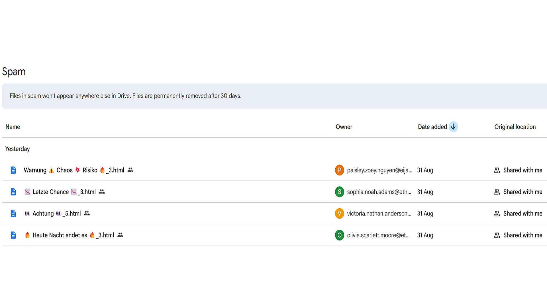 Spam-Ordner in Google Drive mit Dateien und deren Details.