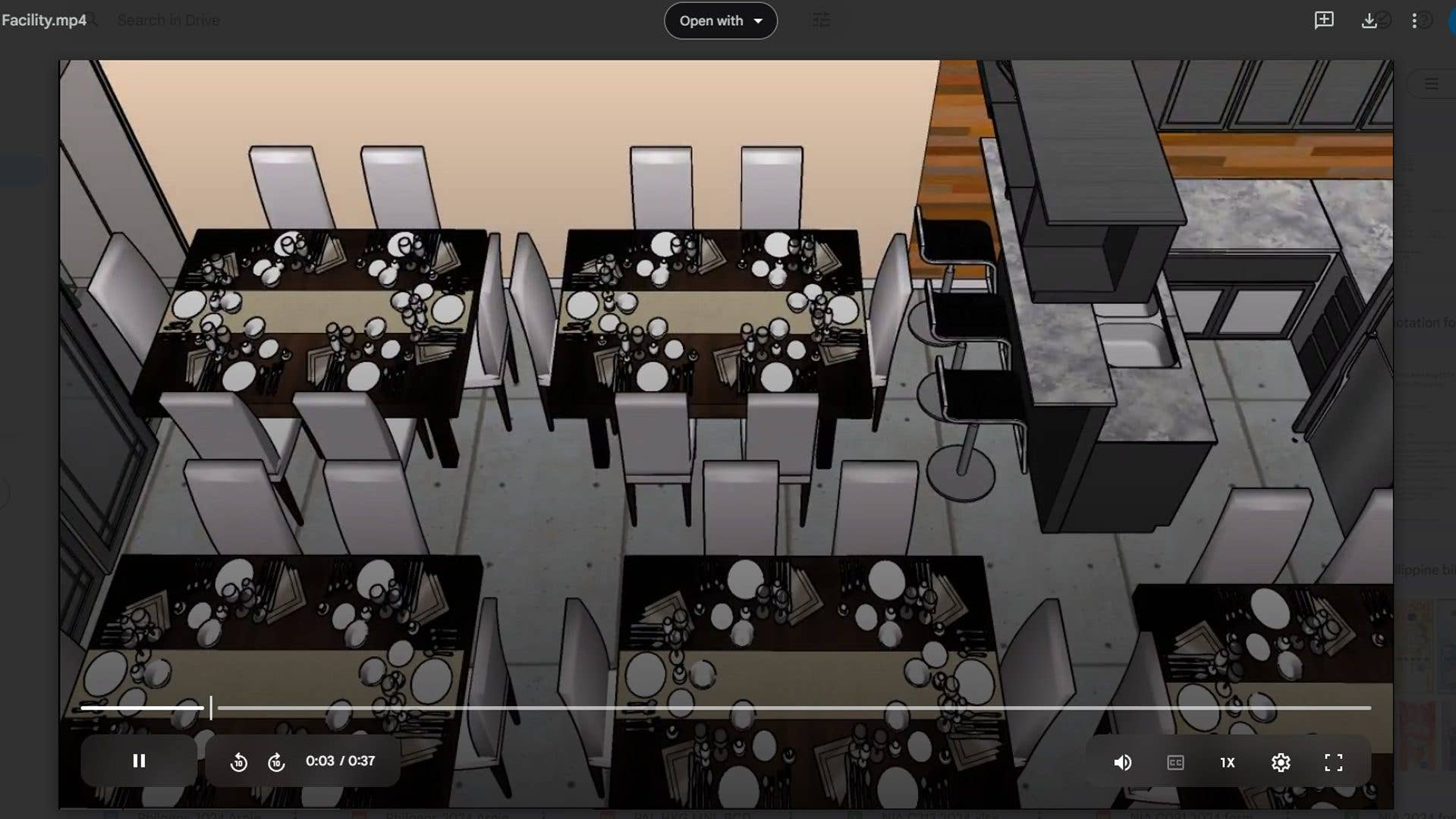 Aufsicht auf einen Speisesaal mit gedeckten Tischen für eine Mahlzeit, mit Tellern und Besteck.