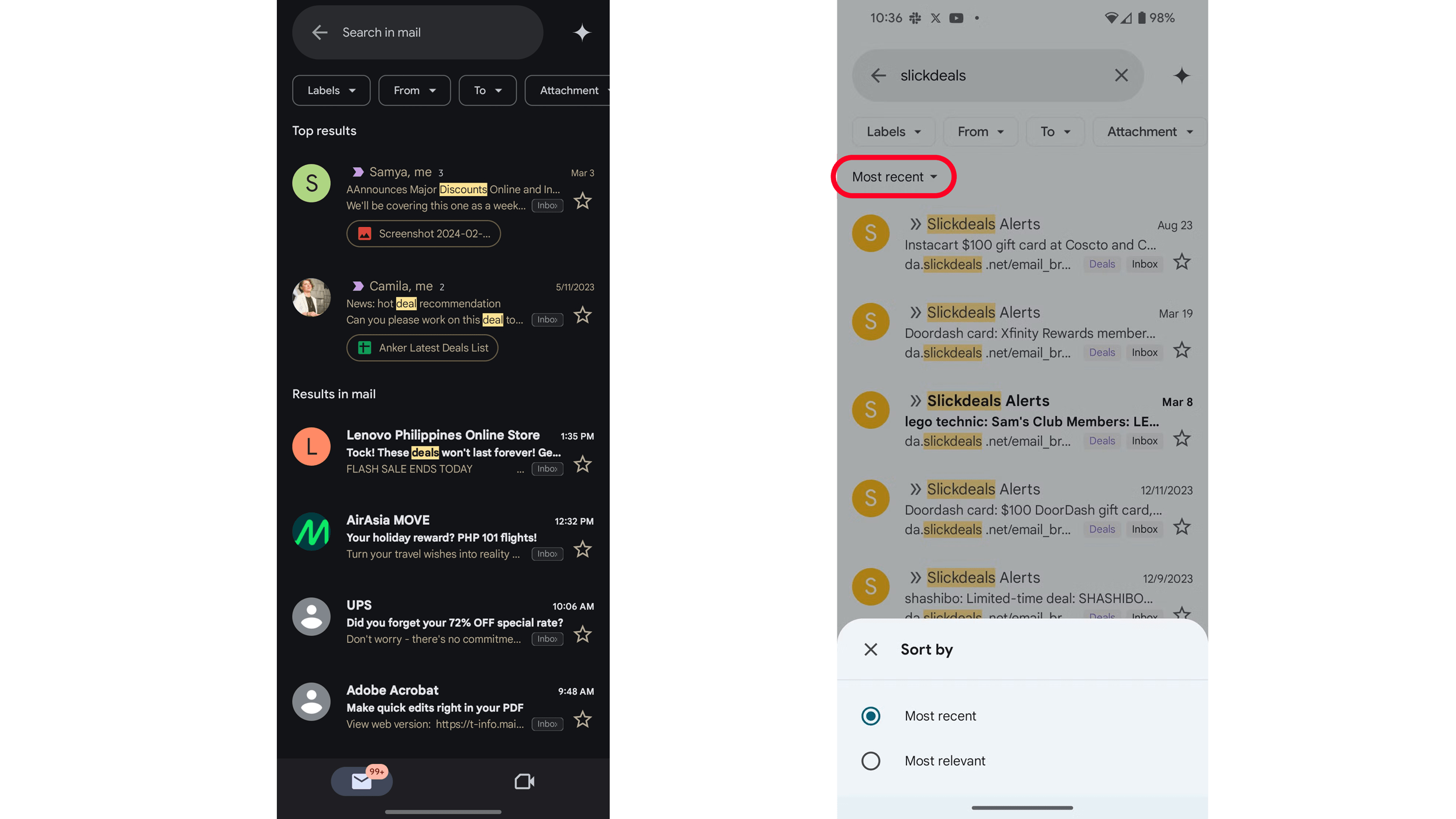 Gmail-App-Oberfläche mit Suchergebnissen und Sortieroptionen.