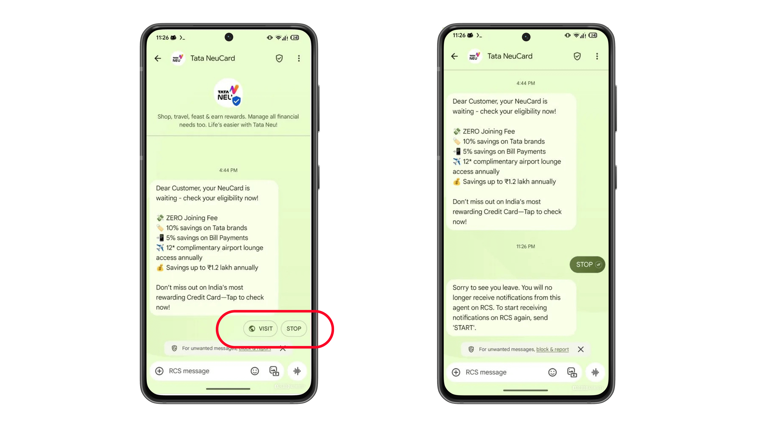 Zwei Smartphones zeigen Tata NeuCard-Nachrichten mit Optionen zum Besuchen oder Stoppen von Benachrichtigungen.