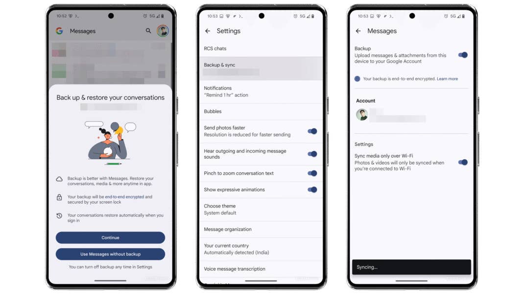 Screenshots der Google Messages-App, die Backup- und Einstellungsmöglichkeiten zeigen. Screenshots der Google Messages-App, die Backup- und Einstellungsmöglichkeiten zeigen.