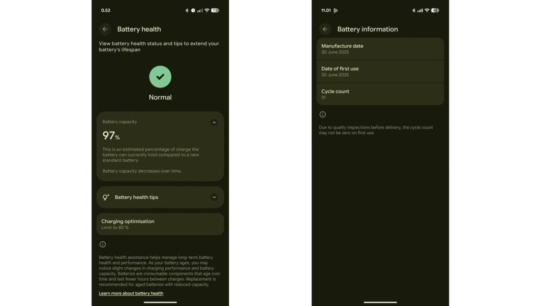 Batteriezustand und Informationen auf einem Google Pixel 10 Pro XL, mit Kapazität, Tipps und Zyklen.