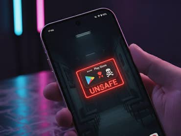 Eine Hand hält ein Google Pixel Telefon, das eine Warnung 'UNSICHER' mit Play Store und Warnsymbolen zeigt.