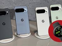 Vier Google Pixel-Smartphones in verschiedenen Farben mit einer Google Pixel-Uhr in rotem Kreis.