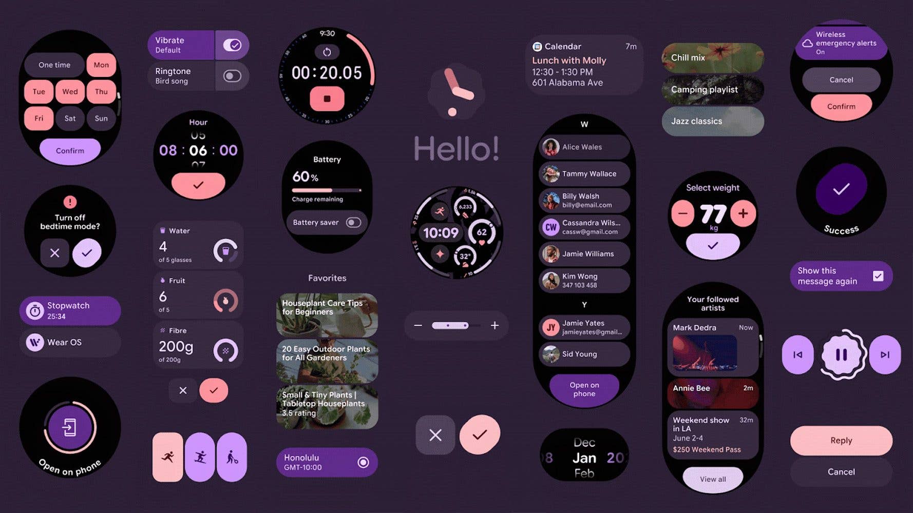 Benutzeroberflächendesign mit verschiedenen Widgets, einschließlich Kalender, Batteriestatus und Fitnessverfolgung.