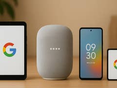 Ein Google Smart-Home-Setup mit einem Lautsprecher und drei Geräten, die das Google-Logo anzeigen.