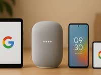 Ein Google Smart-Home-Setup mit einem Lautsprecher und drei Geräten, die das Google-Logo anzeigen.