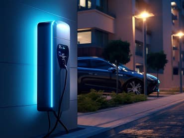 Elektroauto an einer Wallbox bei Nacht