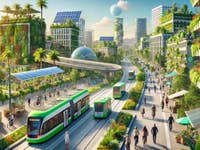 Zukunftsorientierte Stadtlandschaft mit grünen Gebäuden, Straßenbahnen und Menschen, die in einer sonnigen, umweltfreundlichen Umgebung gehen und Fahrrad fahren.