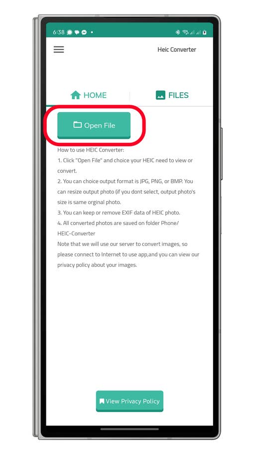 HEIC Converter-App-Oberfläche mit 'Datei öffnen'-Schaltfläche und Nutzungshinweisen.
