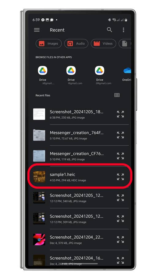 Dateimanager-Oberfläche zeigt zuletzt verwendete Dateien, hebt 'sample1.heic' mit Details hervor.