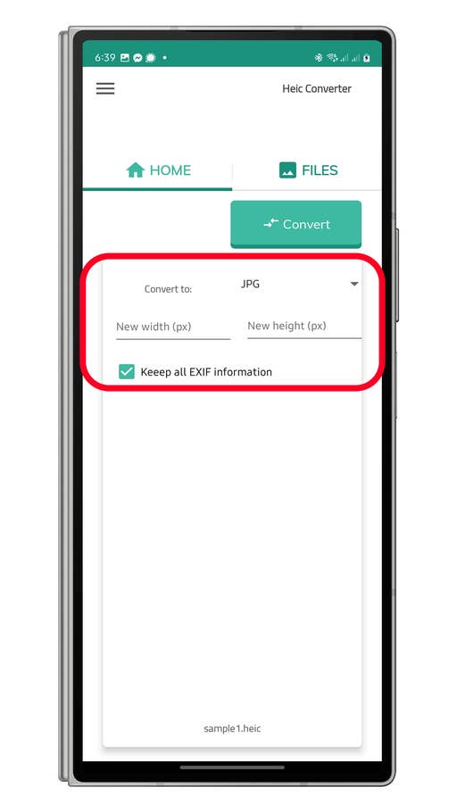 HEIC zu JPG-Konverteroberfläche mit Eingabefeldern für Breite und Höhe sowie einer Option zum Beibehalten von EXIF.