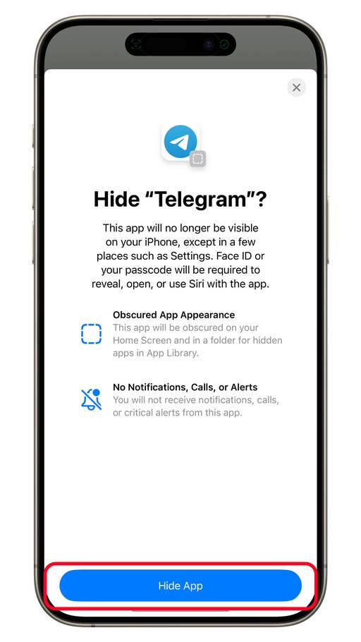 iPhone-Bildschirm zeigt Optionen zum Ausblenden der Telegram-App mit einer blauen Schaltfläche 'App ausblenden'.