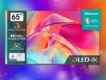 Hisense E7KQ 65 Zoll vor buntem Hintergrund