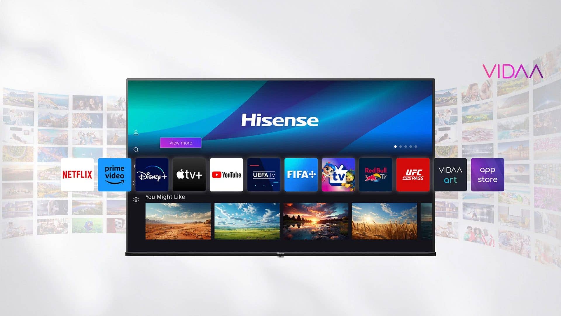 Hisense TV-Oberfläche, die Streaming-Apps wie Netflix, YouTube und Disney+ zeigt, zusammen mit dem VIDAA-Logo.