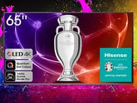Hisense E7KQ 65 Zoll vor spritzenden Farben