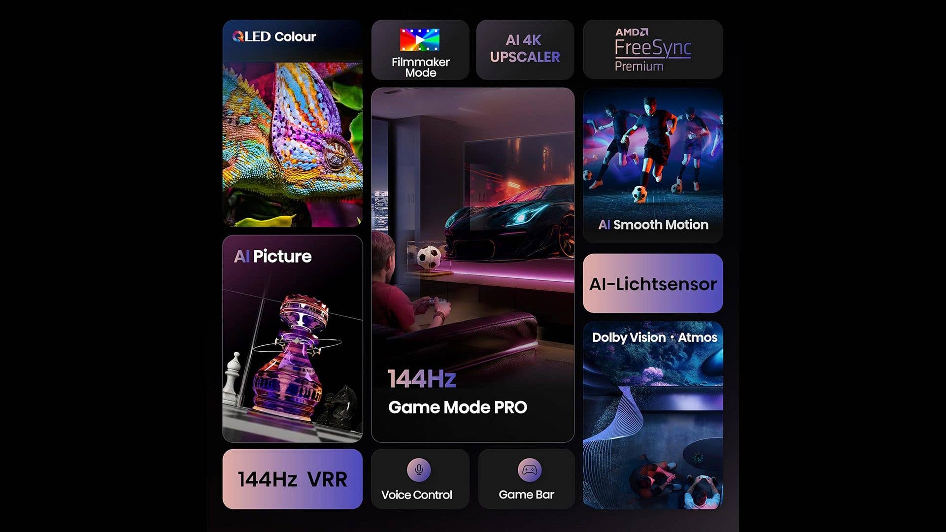 Hisense E7Q Pro Smart-TV mit QLED-Farben, KI-Bild, 144Hz-Spielmodus, Dolby Vision und Sprachsteuerung.