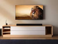 Ein modernes Wohnzimmer mit einem Hisense-Fernseher, der einen brüllenden Löwen zeigt, mit einer Soundbar und einem Holz-TV-Ständer.