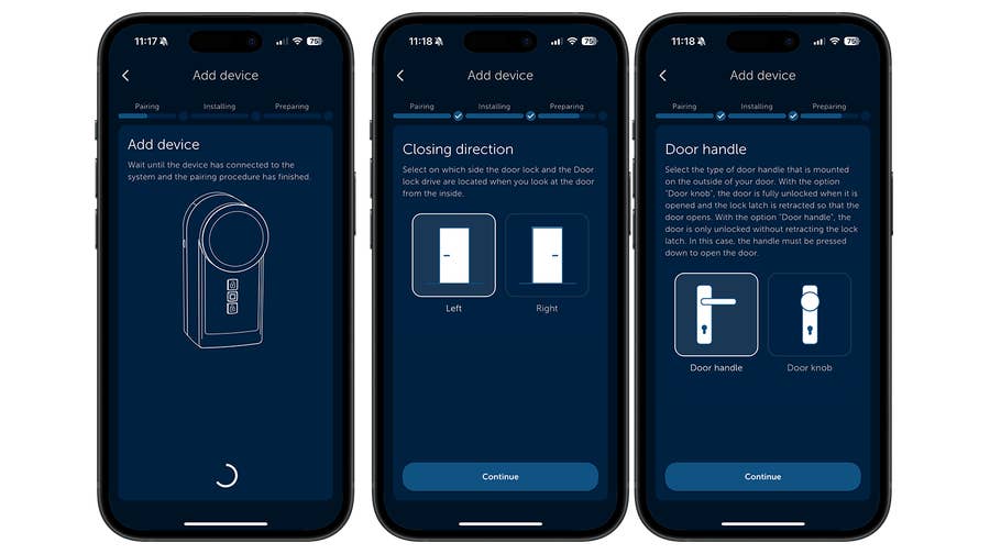 Smartphone-Bildschirme, die den Einrichtungsprozess für Homematic IP Türschlossantrieb zeigen.