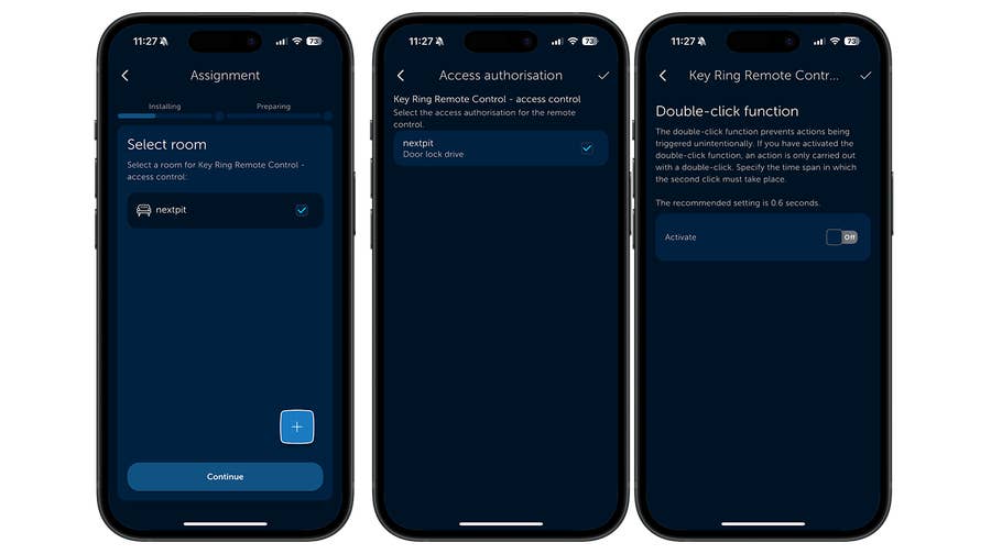 Drei mobile Bildschirme, die den Einrichtungsprozess des Homematic IP Türschlossantriebs zeigen.
