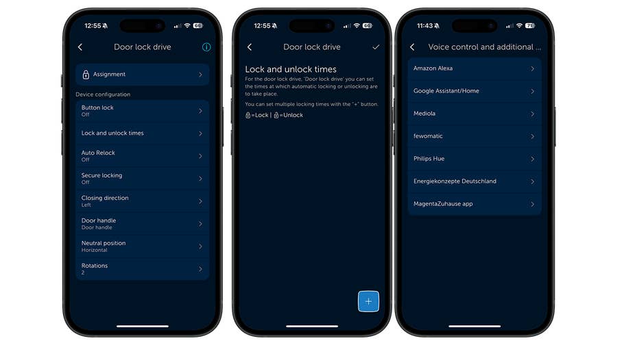 Drei Smartphone-Bildschirme, die Einstellungen für einen Homematic IP Türschlossantrieb anzeigen.