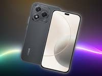 Ein schwarzes Honor-Smartphone mit drei Kameras auf der Rückseite und einem großen Frontdisplay vor einem bunten Hintergrund.