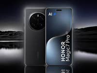 Ein schwarzes HONOR Magic 7 Pro Smartphone, von vorne und hinten vor einem dunklen Hintergrund gezeigt.